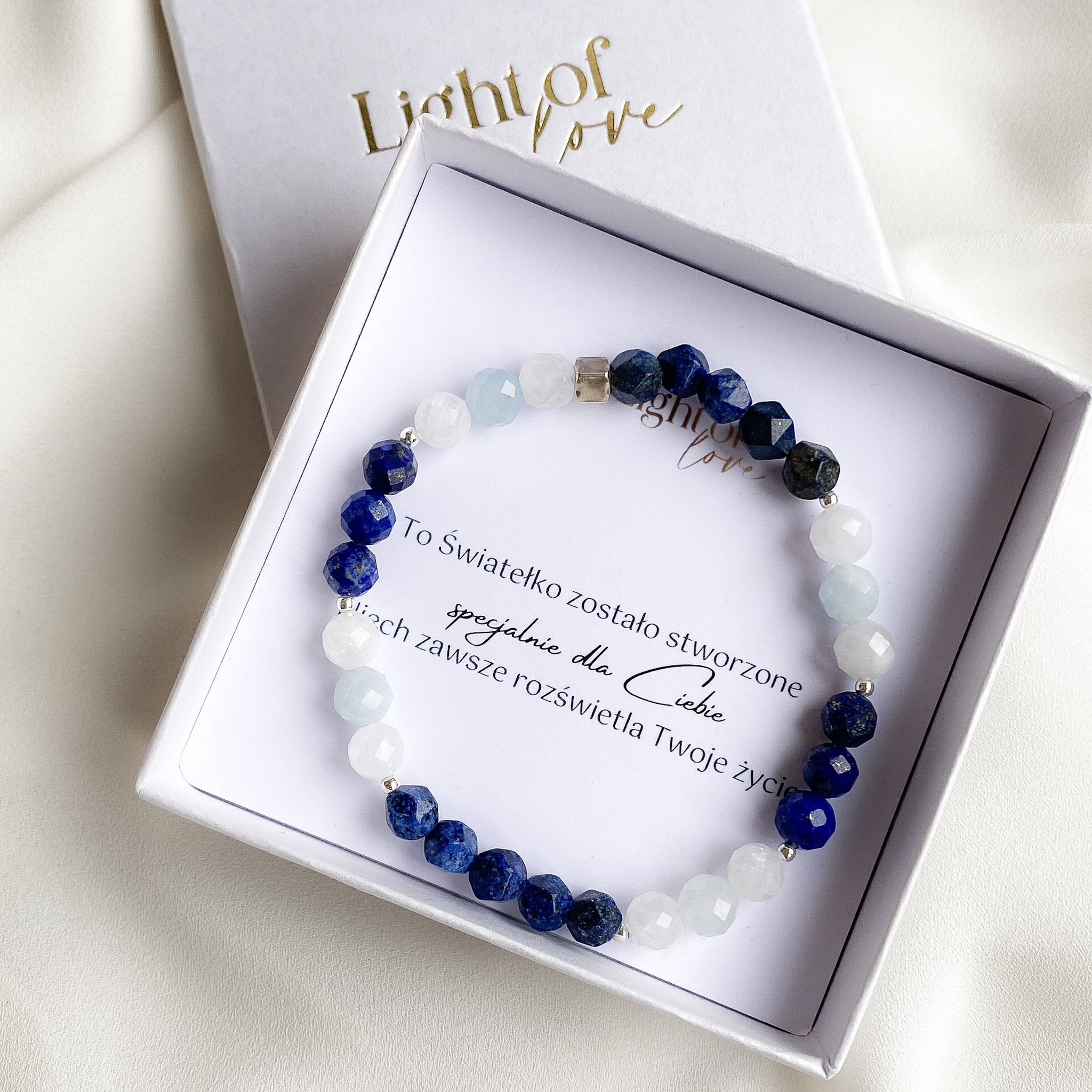 Bransoletka z lapis lazuli, kamień księżycowy i akwamaryn