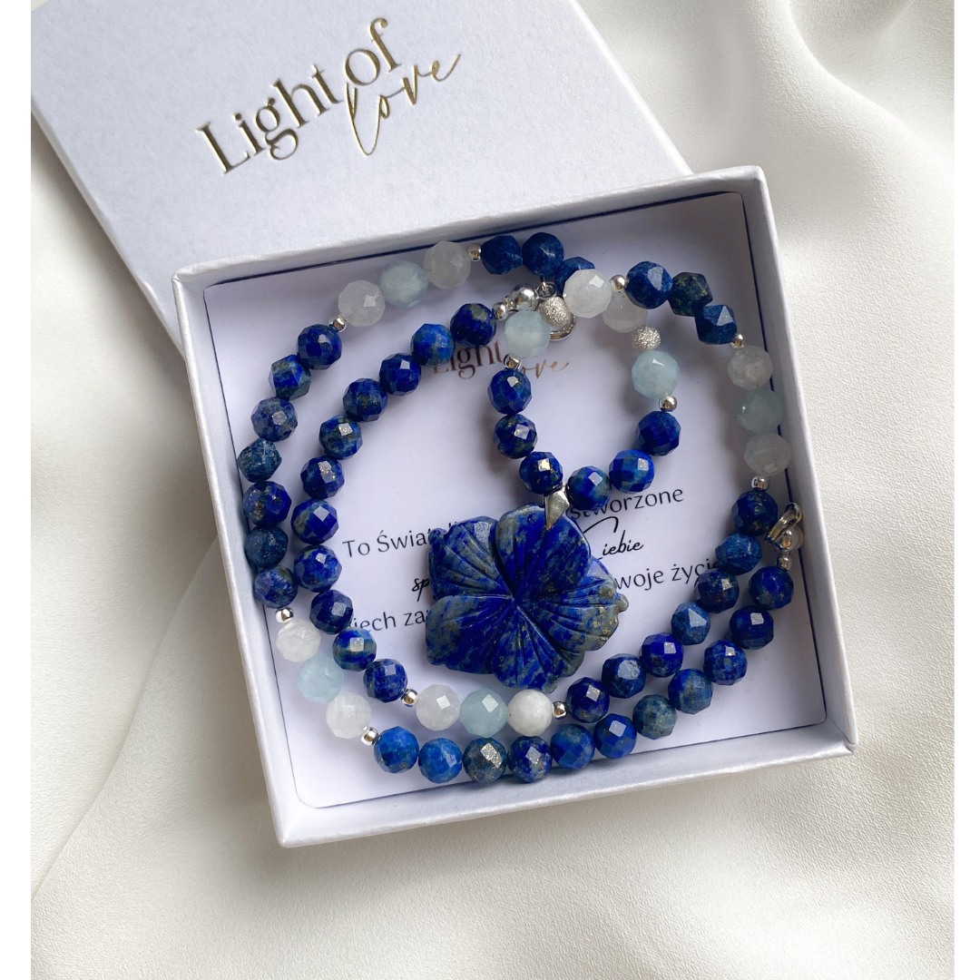 Naszyjnik z lapis lazuli, kamień księżycowy i akwamaryn - obrazek 4